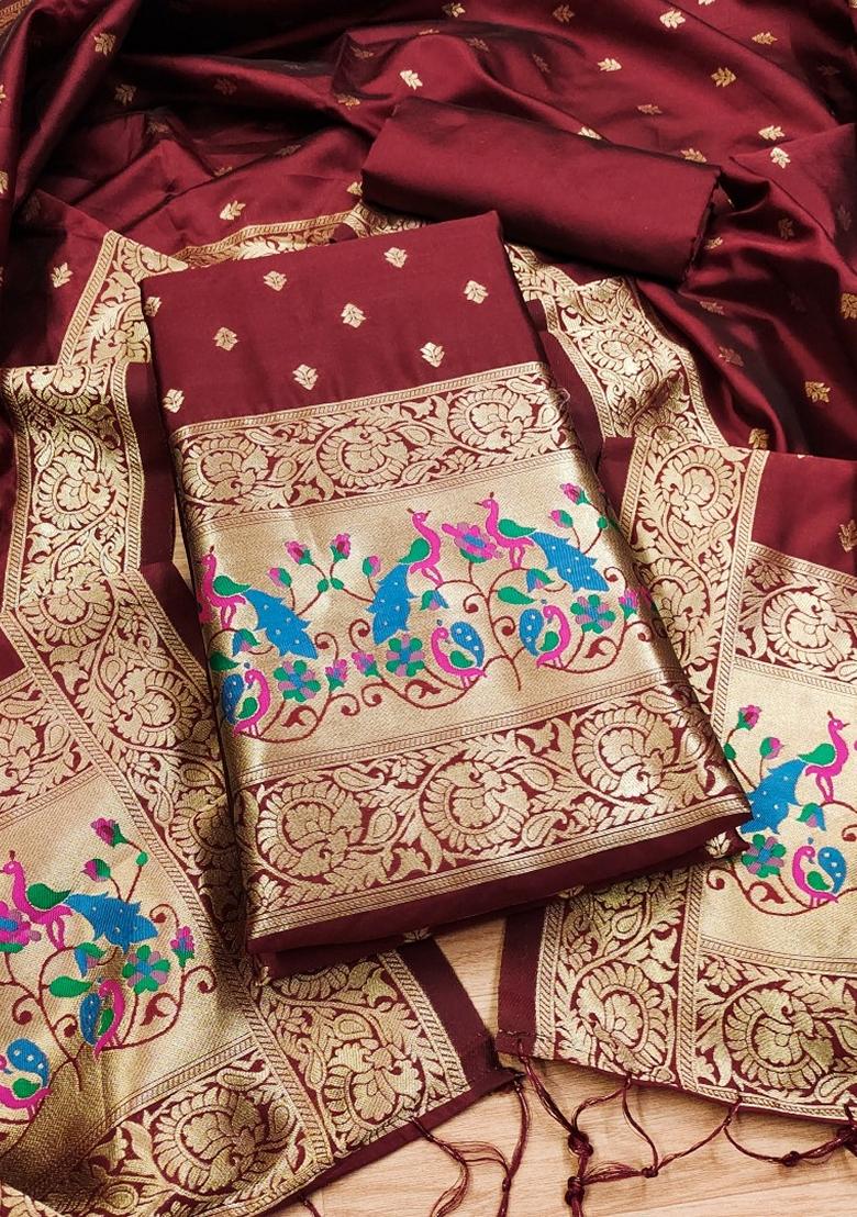 Maroon Woven Zari Soft Banarasi Silk Kurta Set