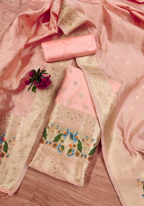 Peach Woven Zari Soft Banarasi Silk Kurta Set