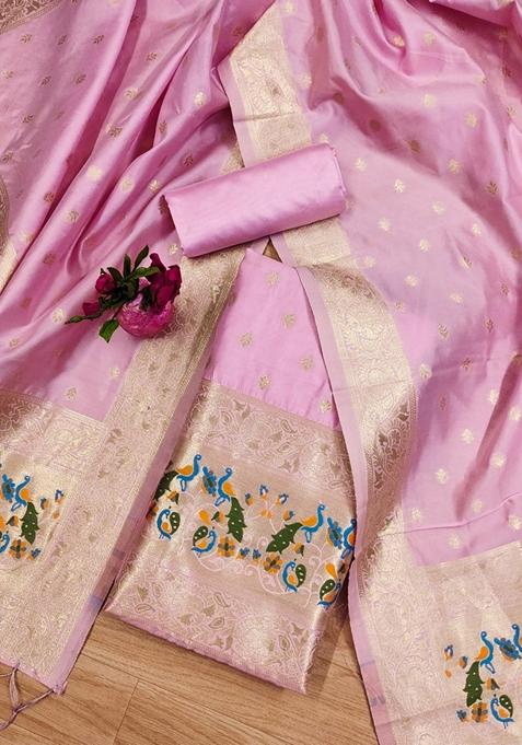 Pink Woven Zari Soft Banarasi Silk Kurta Set