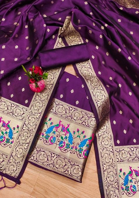 Purple Woven Zari Soft Banarasi Silk Kurta Set