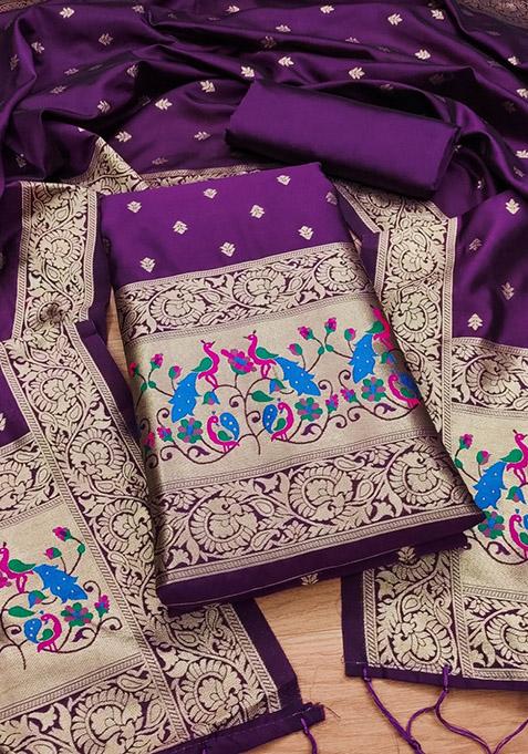 Purple Woven Zari Soft Banarasi Silk Kurta Set