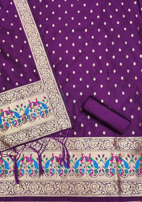 Purple Woven Zari Soft Banarasi Silk Kurta Set