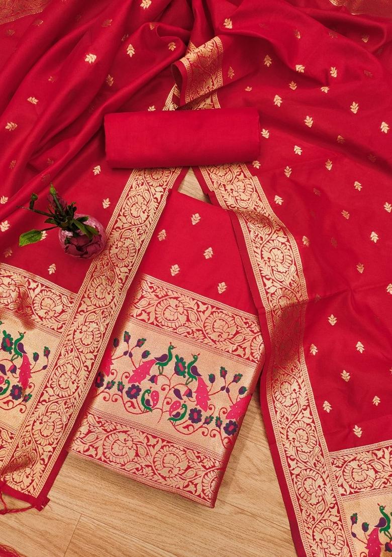Red Woven Zari Soft Banarasi Silk Kurta Set