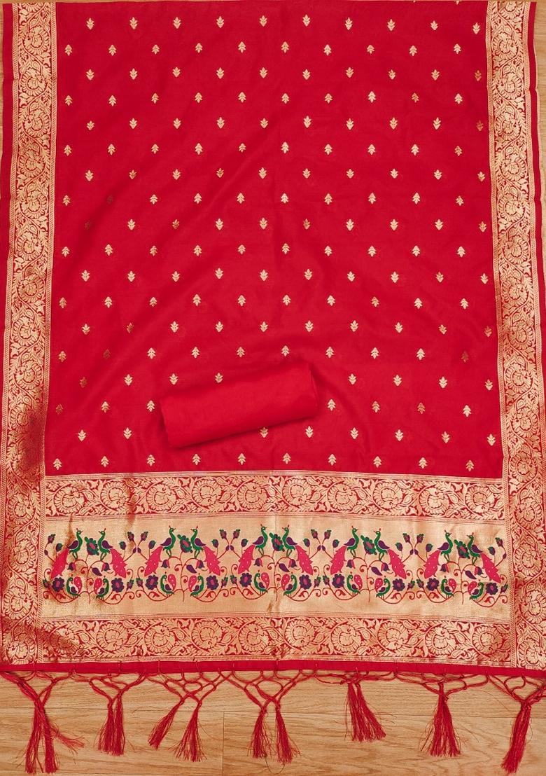 Red Woven Zari Soft Banarasi Silk Kurta Set