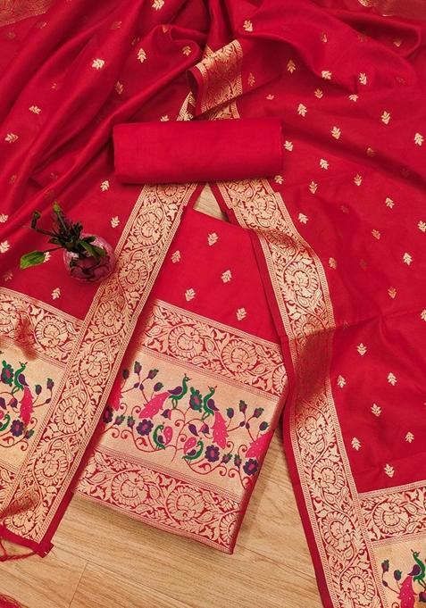 Red Woven Zari Soft Banarasi Silk Kurta Set