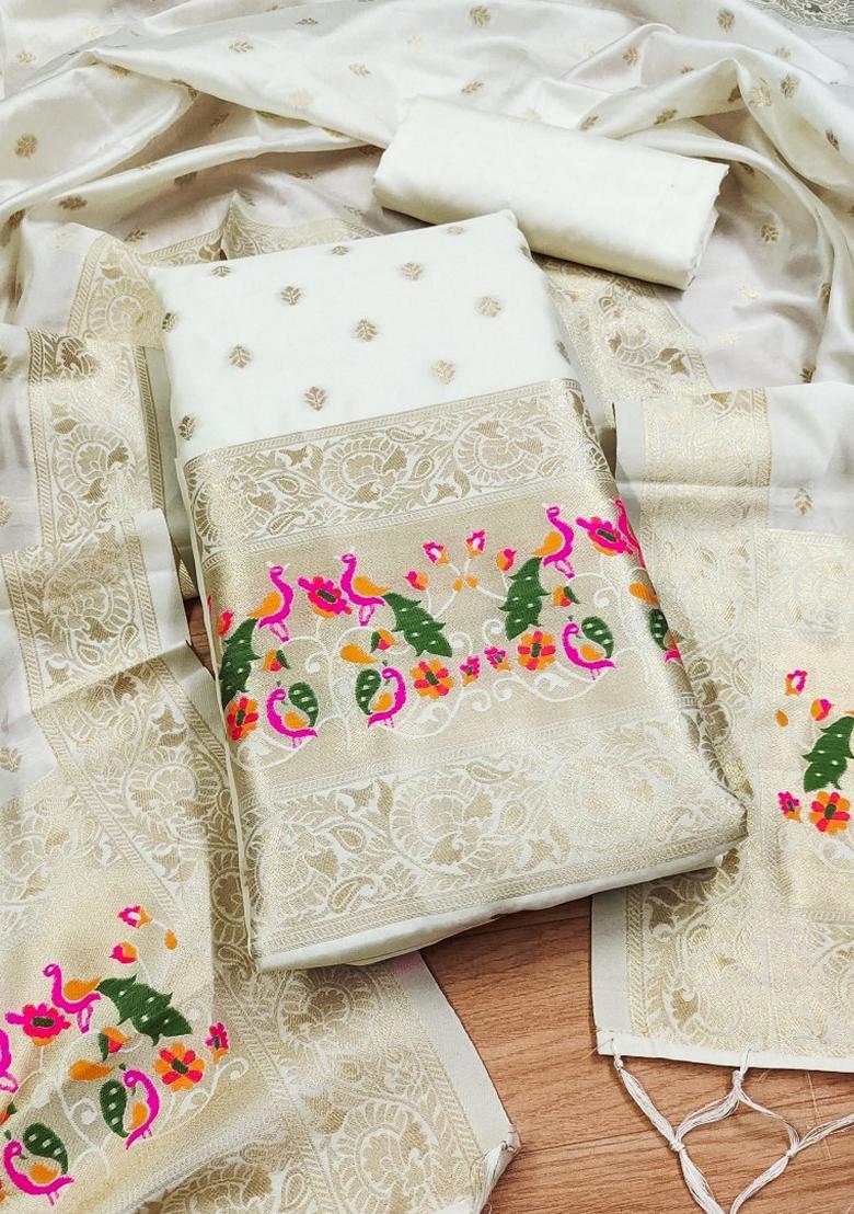 White Woven Zari Soft Banarasi Silk Kurta Set