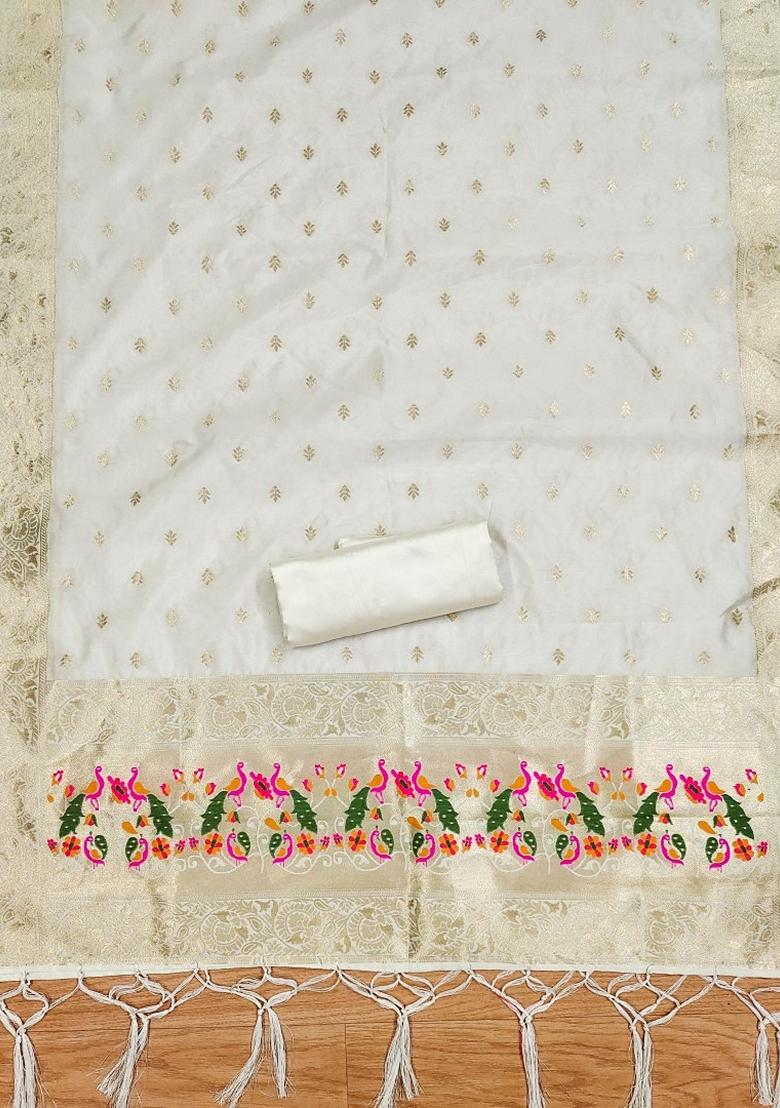 White Woven Zari Soft Banarasi Silk Kurta Set