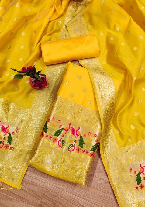 Yellow Woven Zari Soft Banarasi Silk Kurta Set