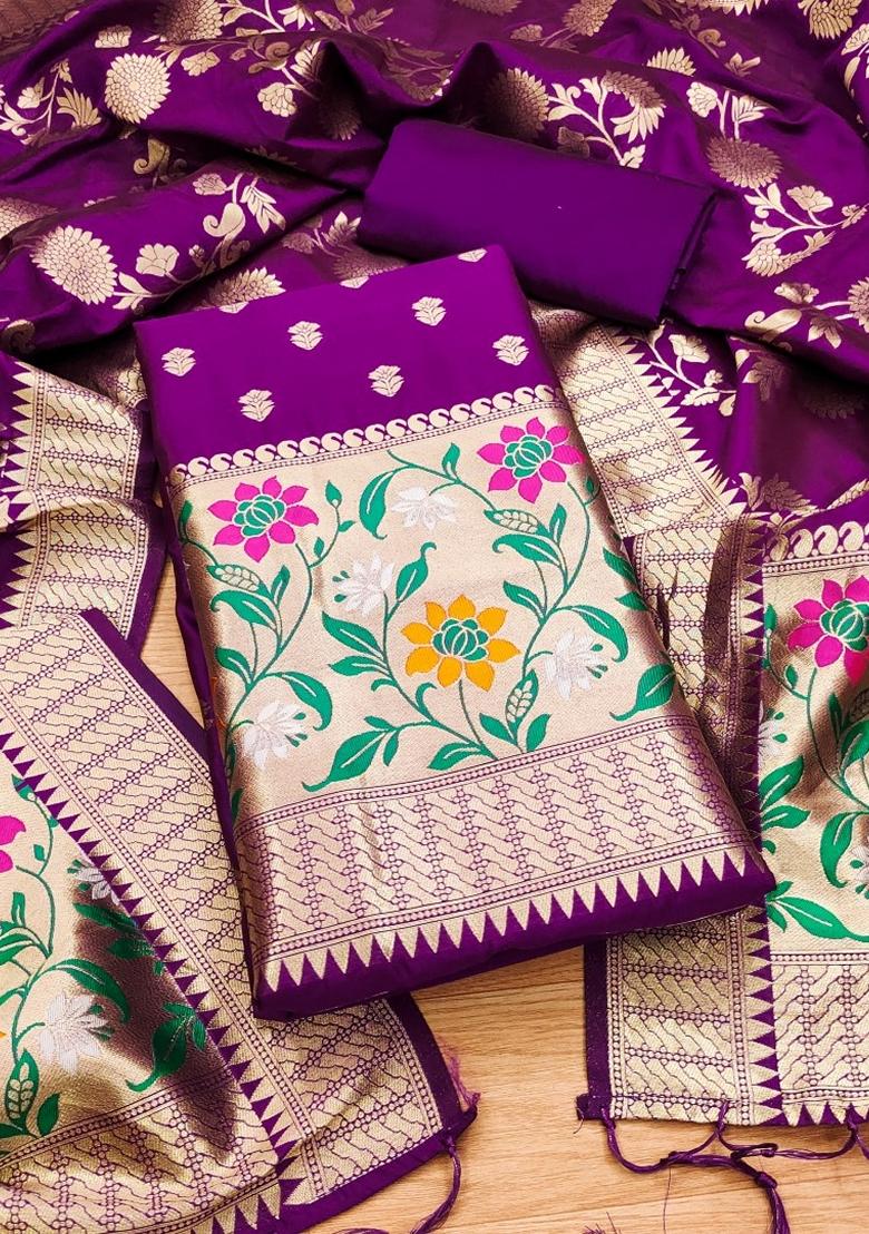 Purple Woven Zari Soft Banarasi Silk Kurta Set