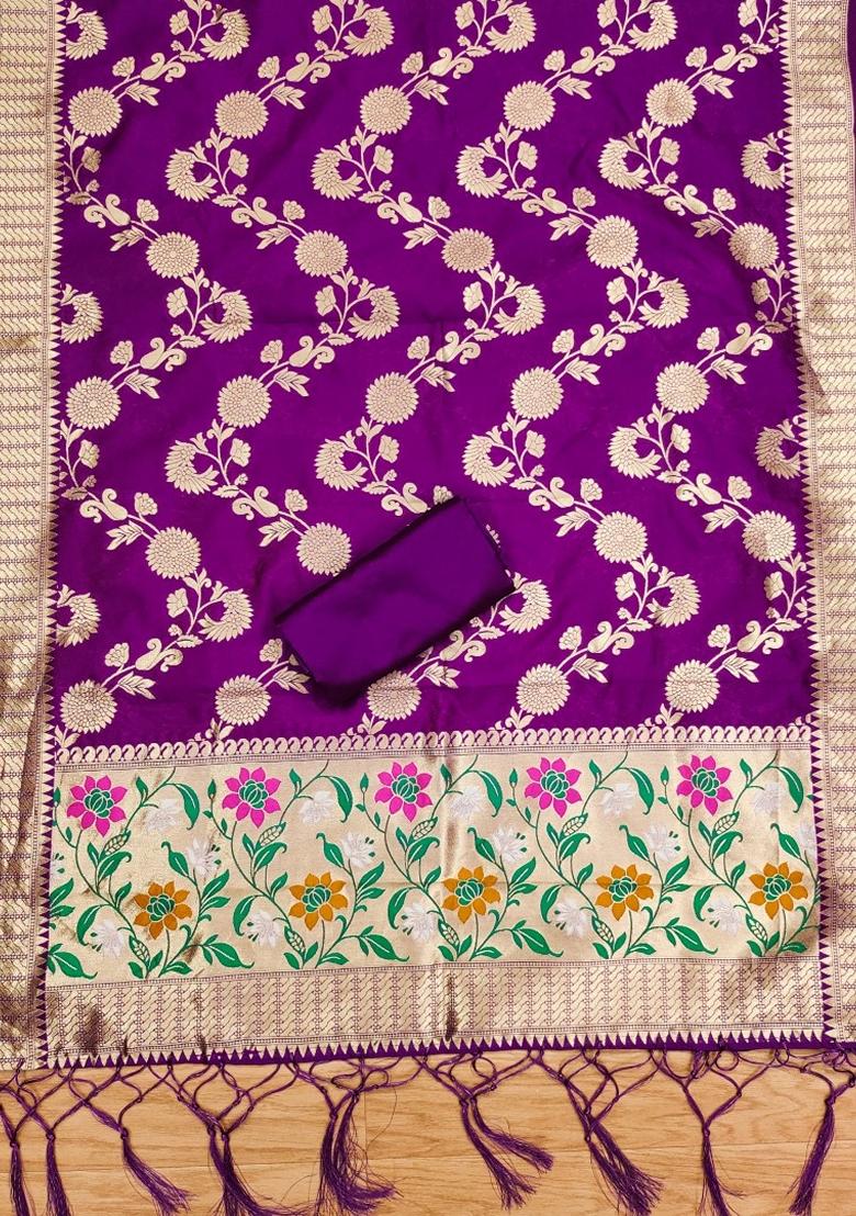 Purple Woven Zari Soft Banarasi Silk Kurta Set