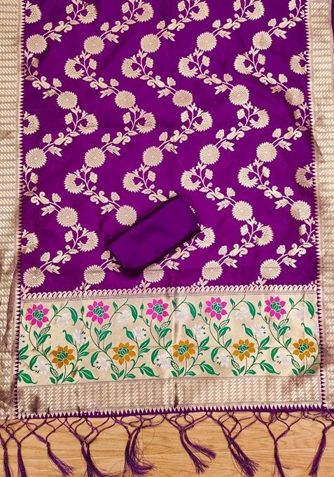 Purple Woven Zari Soft Banarasi Silk Kurta Set