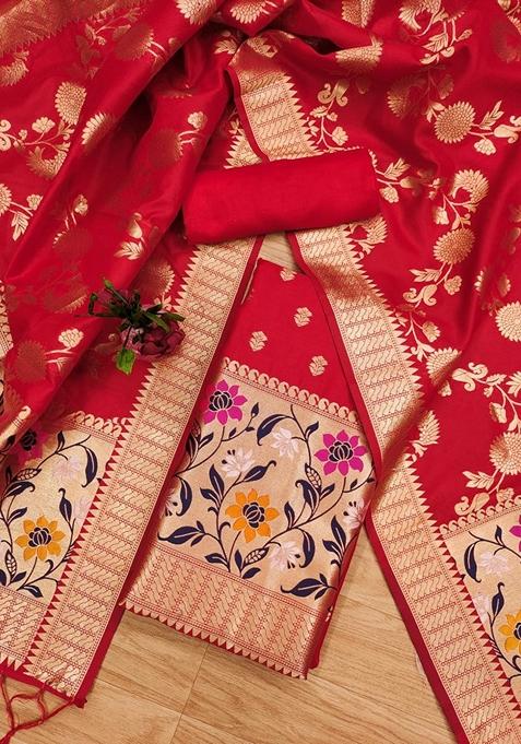 Red Woven Zari Soft Banarasi Silk Kurta Set