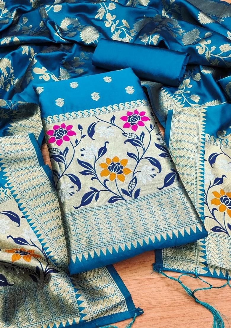 Sky Blue Woven Zari Soft Banarasi Silk Kurta Set