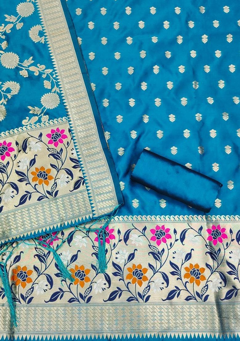Sky Blue Woven Zari Soft Banarasi Silk Kurta Set