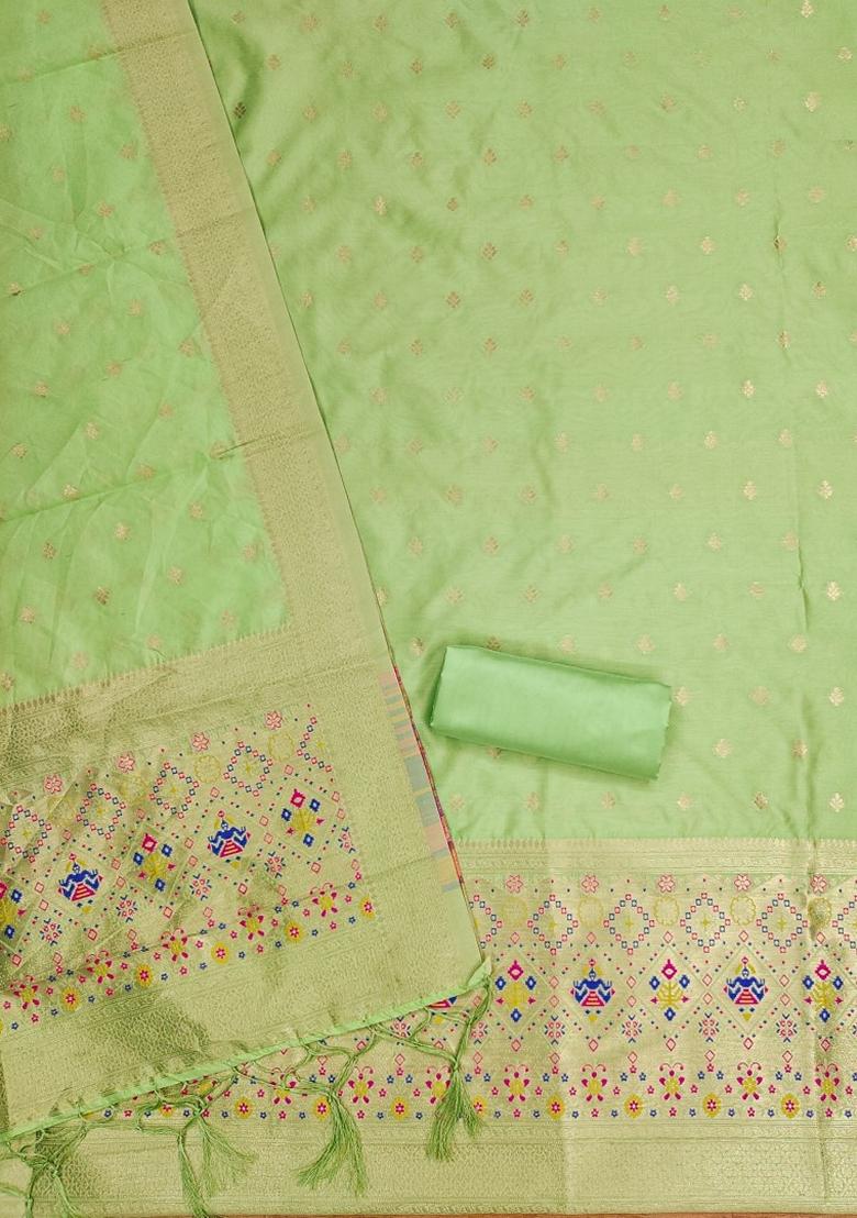 Pista Green Woven Zari Soft Banarasi Silk Kurta Set