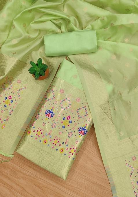 Pista Green Woven Zari Soft Banarasi Silk Kurta Set