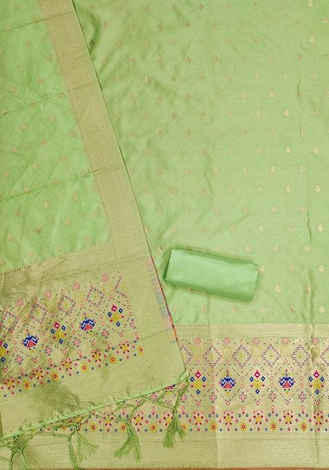 Pista Green Woven Zari Soft Banarasi Silk Kurta Set