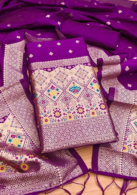 Purple Woven Zari Soft Banarasi Silk Kurta Set