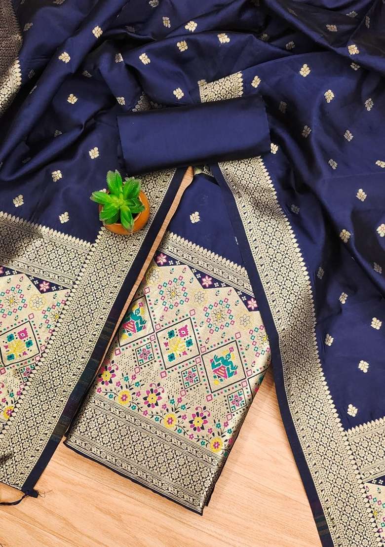 Navy Blue Woven Zari Soft Banarasi Silk Kurta Set - Indya