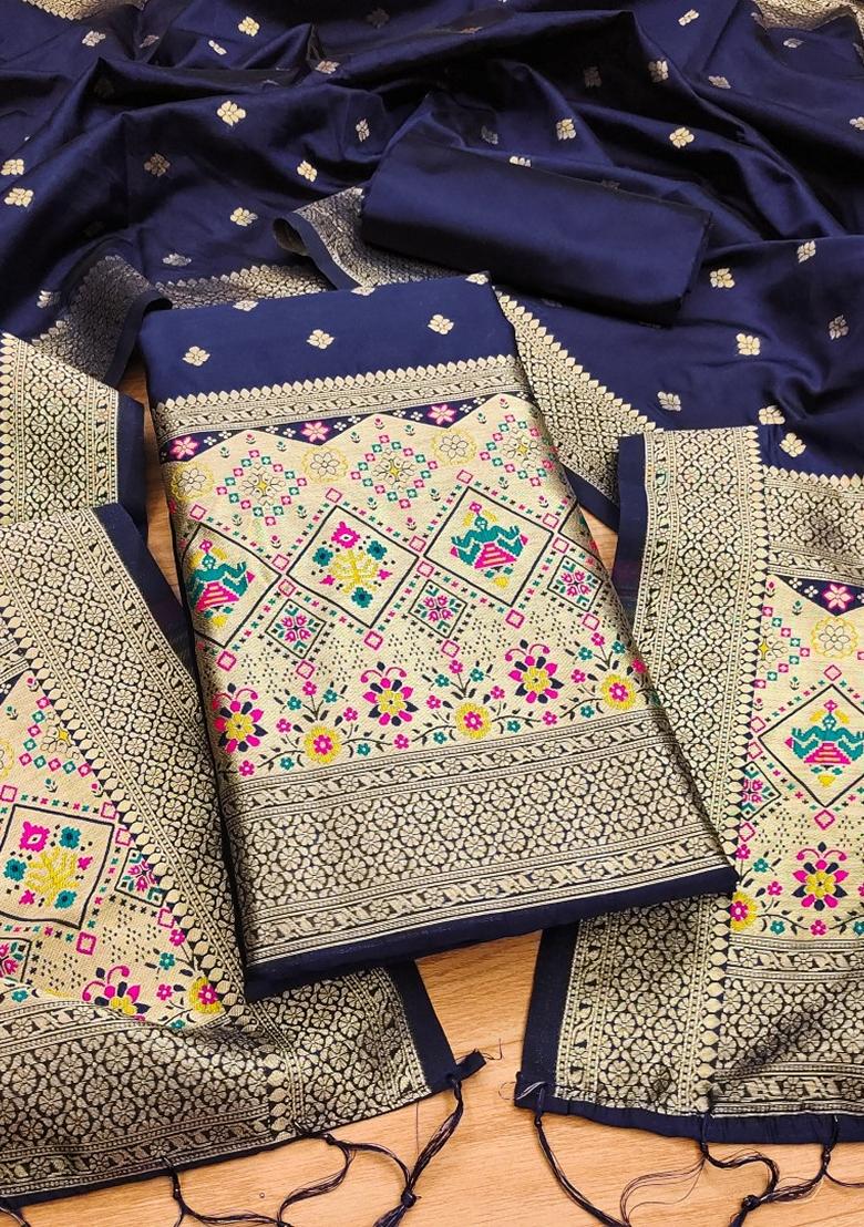 Navy Blue Woven Zari Soft Banarasi Silk Kurta Set