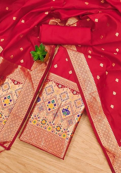 Red Woven Zari Soft Banarasi Silk Kurta Set