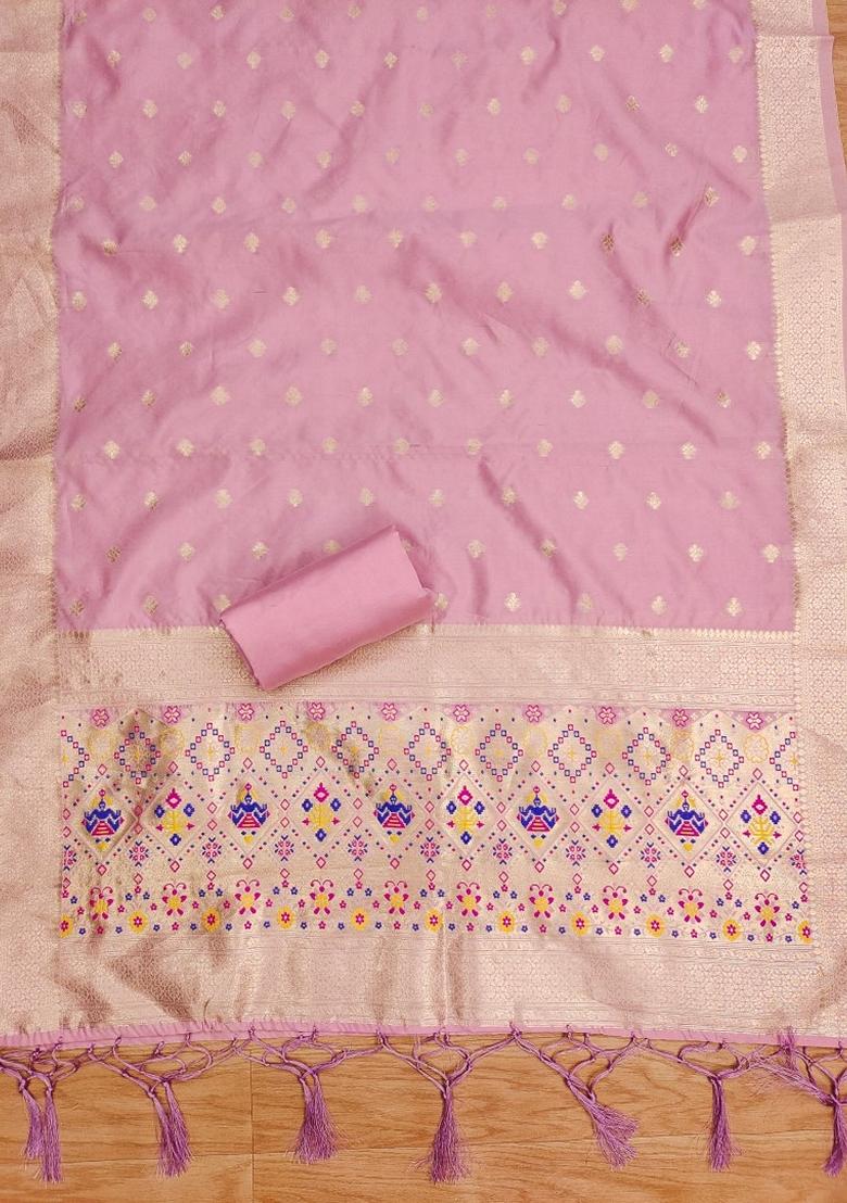 Pink Woven Zari Soft Banarasi Silk Kurta Set