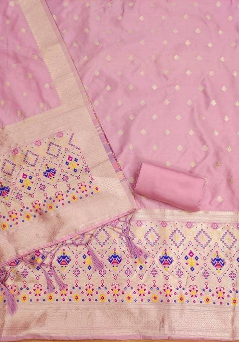 Pink Woven Zari Soft Banarasi Silk Kurta Set