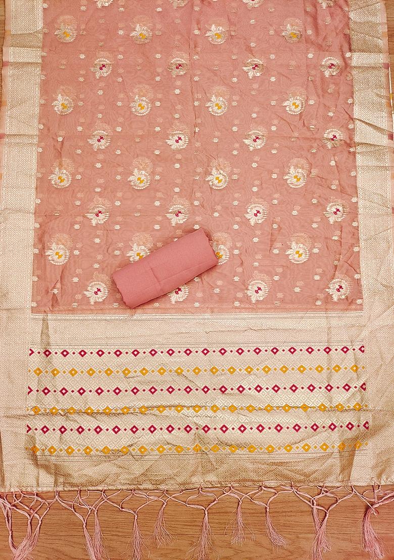 Peach Woven Organza Banarasi Silk Kurta Set