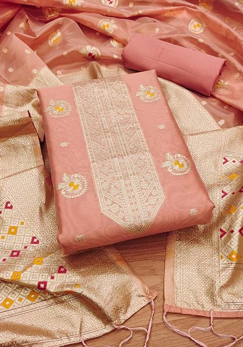 Peach Woven Organza Banarasi Silk Kurta Set