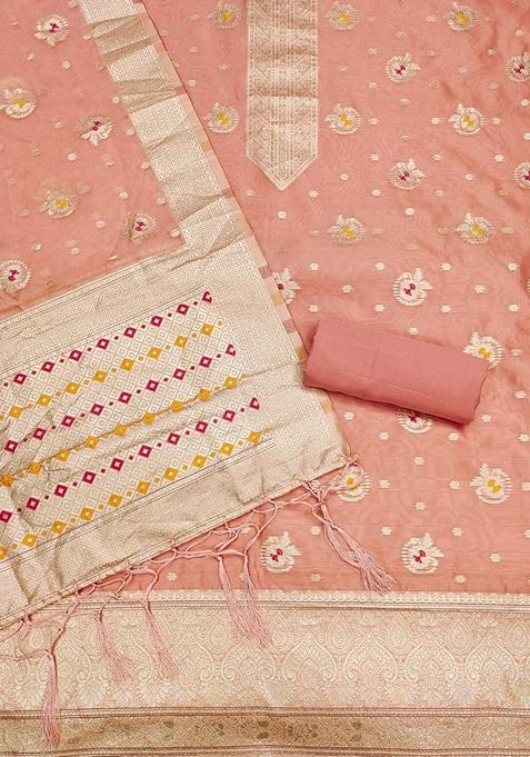 Peach Woven Organza Banarasi Silk Kurta Set