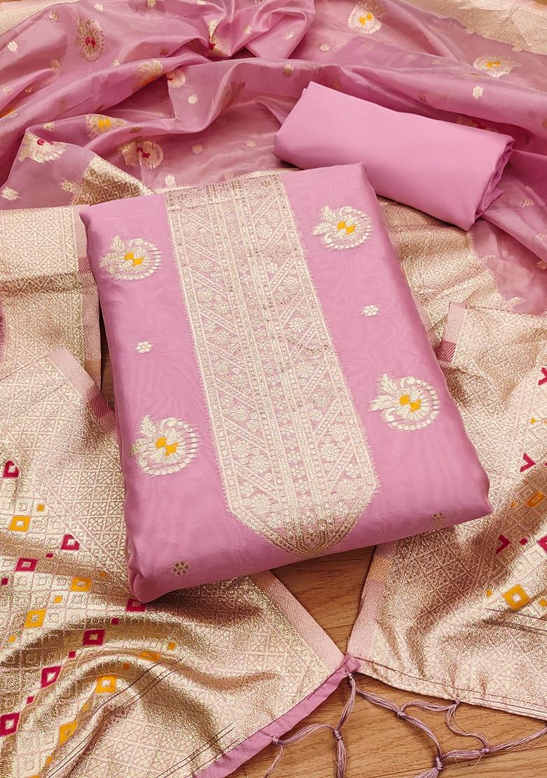 Pink Woven Organza Banarasi Silk Kurta Set