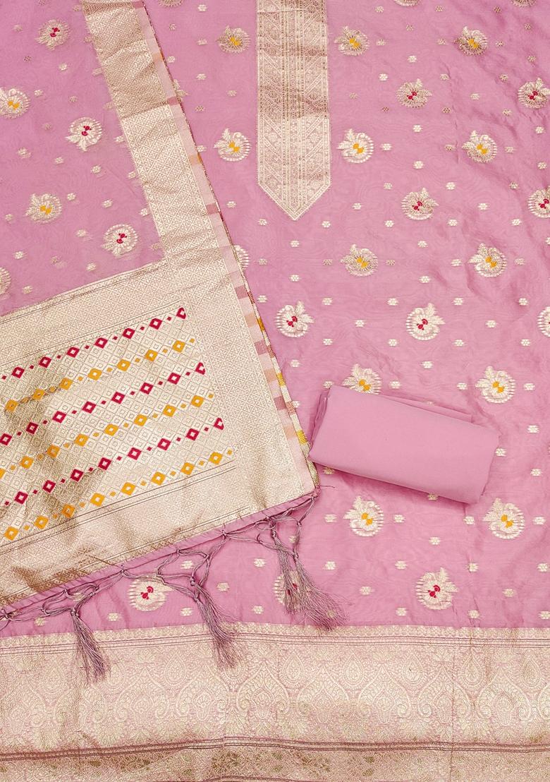 Pink Woven Organza Banarasi Silk Kurta Set