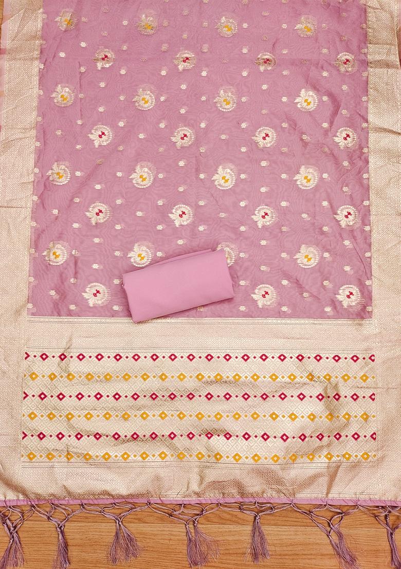 Pink Woven Organza Banarasi Silk Kurta Set