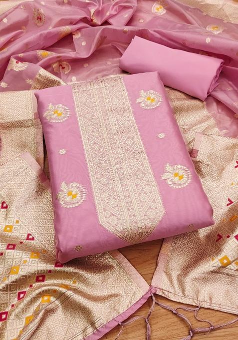 Pink Woven Organza Banarasi Silk Kurta Set