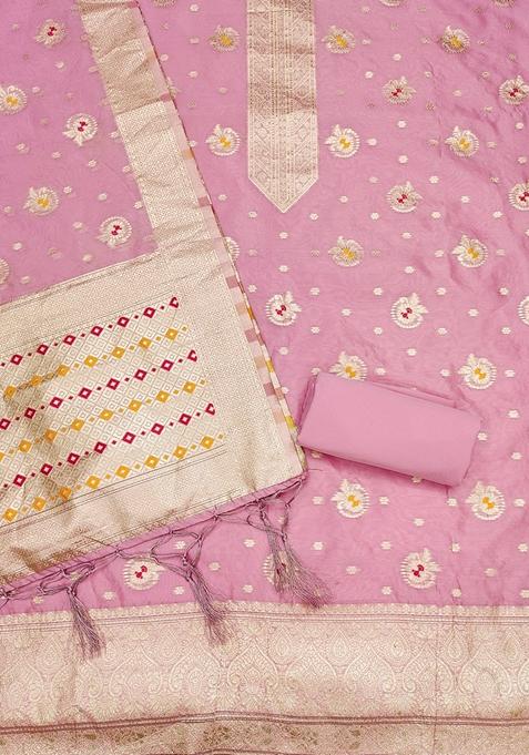 Pink Woven Organza Banarasi Silk Kurta Set