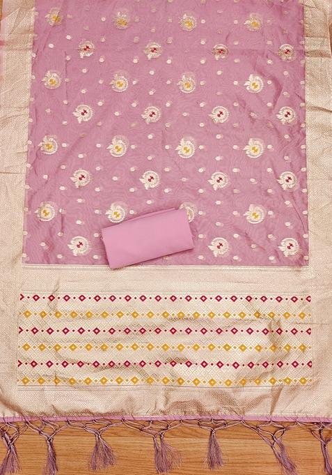 Pink Woven Organza Banarasi Silk Kurta Set