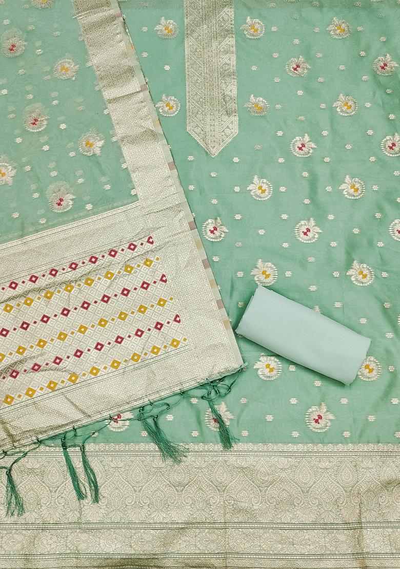 Sea Green Woven Organza Banarasi Silk Kurta Set