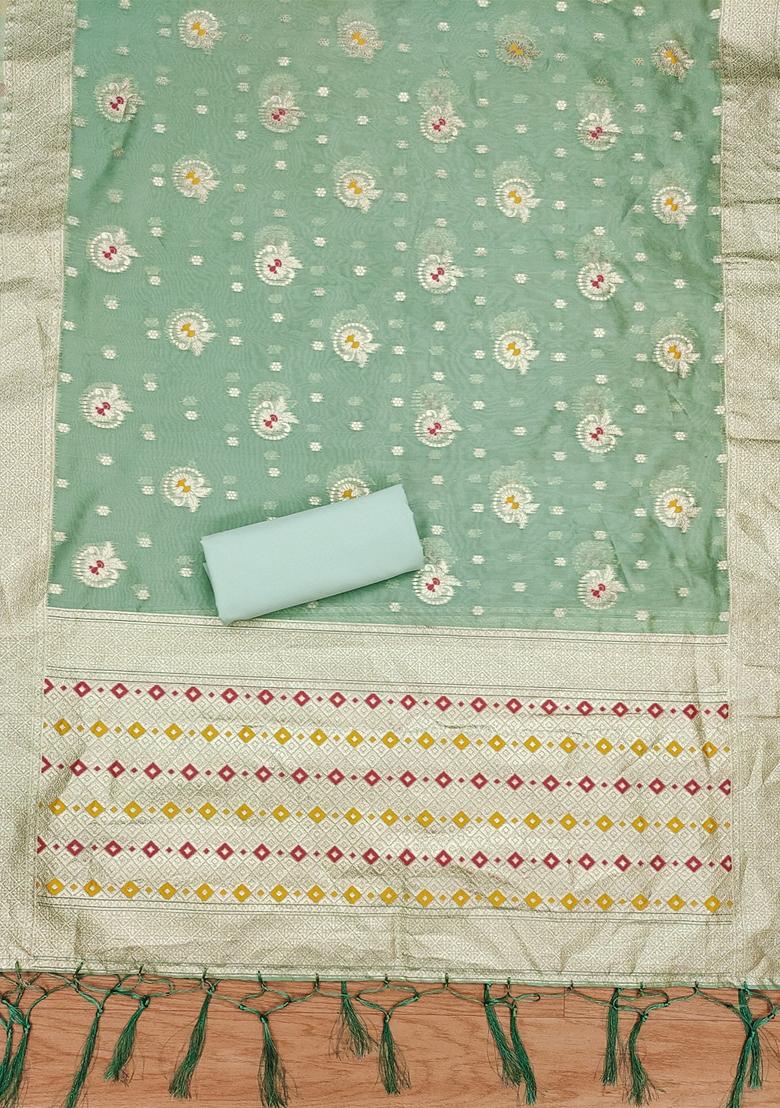Sea Green Woven Organza Banarasi Silk Kurta Set