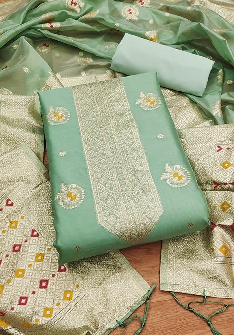 Sea Green Woven Organza Banarasi Silk Kurta Set