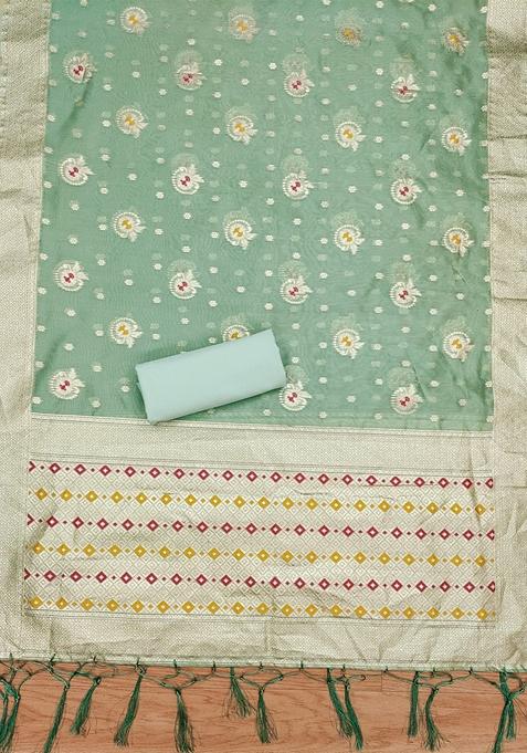 Sea Green Woven Organza Banarasi Silk Kurta Set
