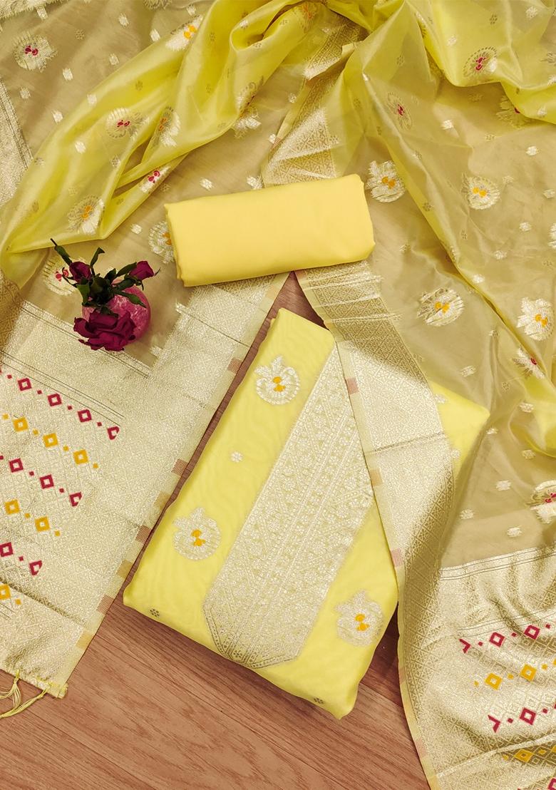 Yellow Woven Organza Banarasi Silk Kurta Set