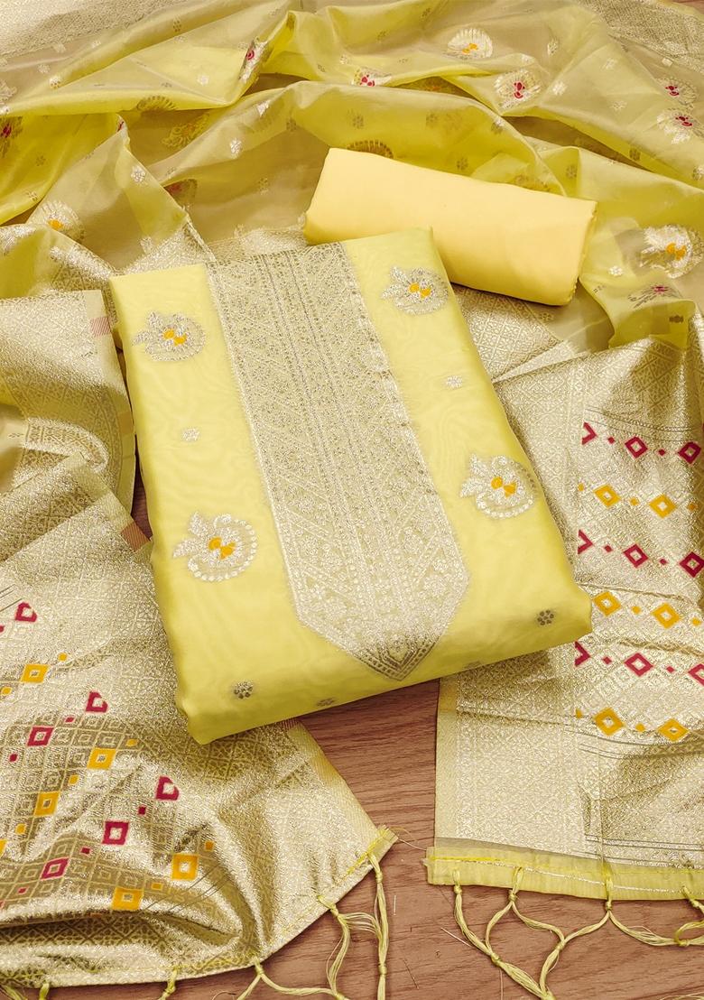 Yellow Woven Organza Banarasi Silk Kurta Set