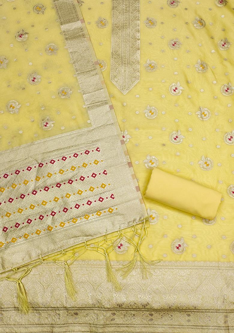 Yellow Woven Organza Banarasi Silk Kurta Set