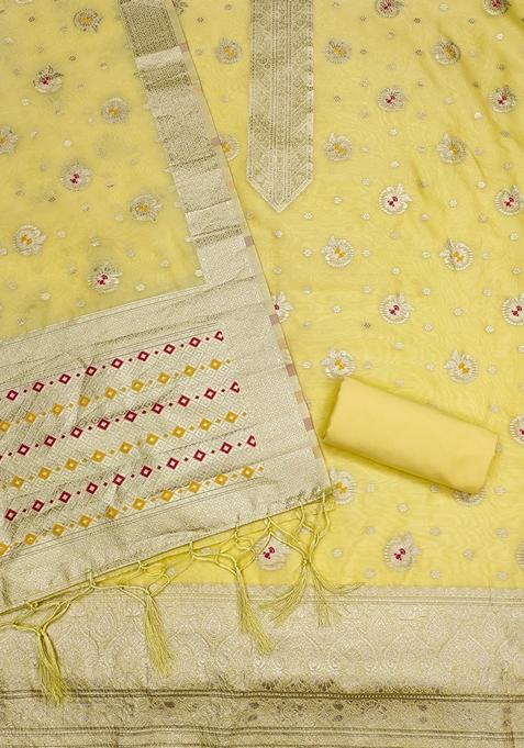 Yellow Woven Organza Banarasi Silk Kurta Set