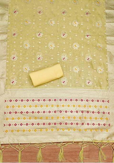 Yellow Woven Organza Banarasi Silk Kurta Set