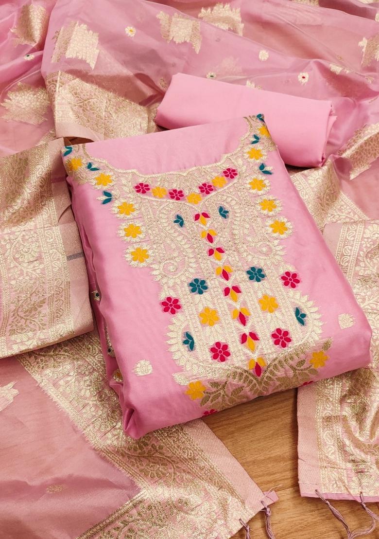 Pink Woven Organza Banarasi Silk Kurta Set