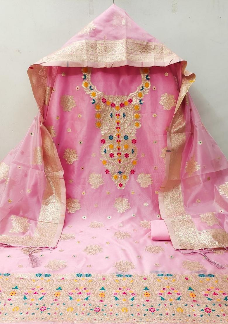 Pink Woven Organza Banarasi Silk Kurta Set