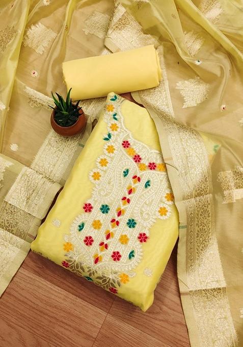 Yellow Woven Organza Banarasi Silk Kurta Set