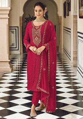 Red Embroidered Georgette Kurta Set