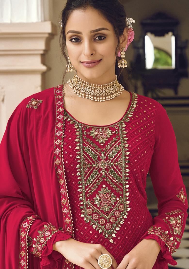 Red Embroidered Georgette Kurta Set